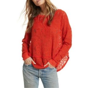 Free People Red Lace Crew Neck Sweater